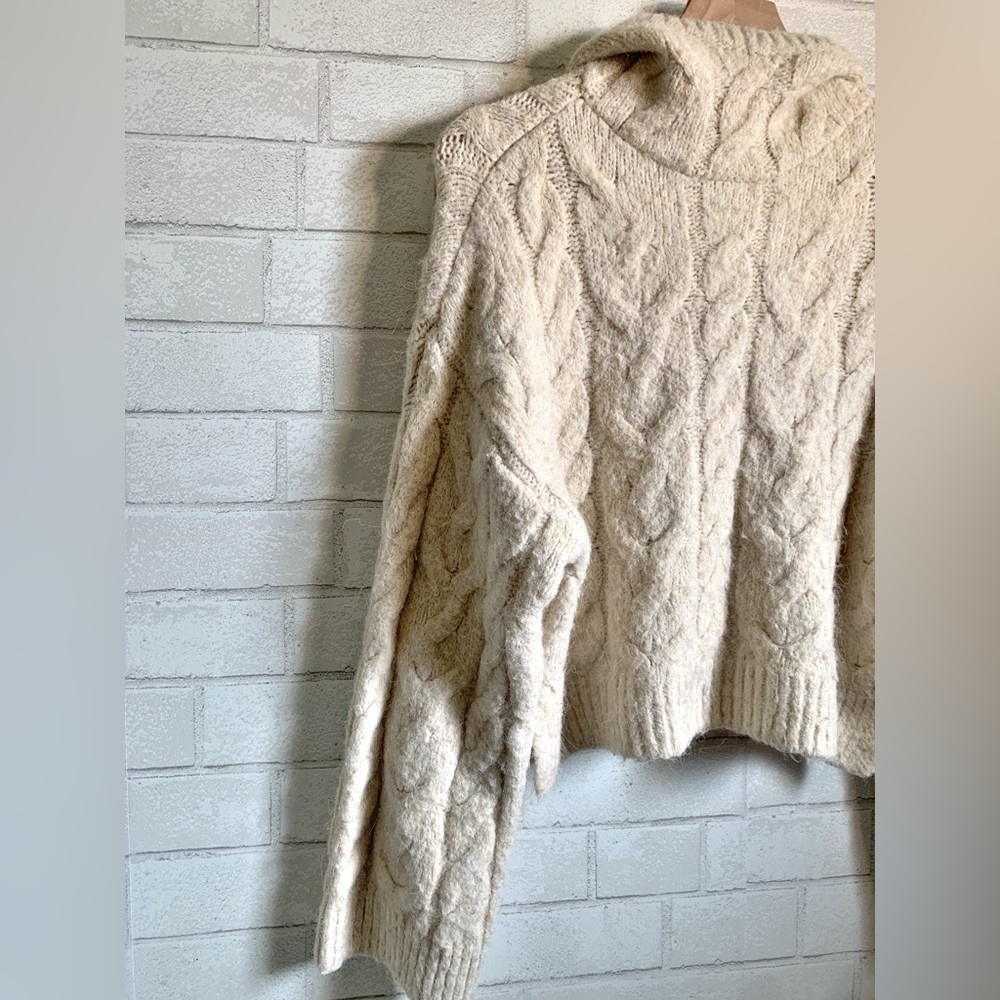 Zara Cream Cable Knit Cropped Acrylic & Wool Blend Cowl Neck Hooded Sweater - Picture 2 of 5